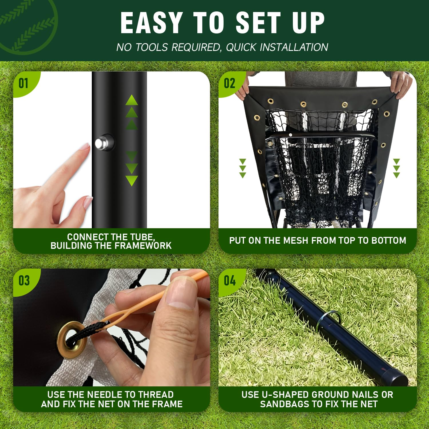 Cricosner ground stakes, threading needles, and sandbags laid out for secure setup