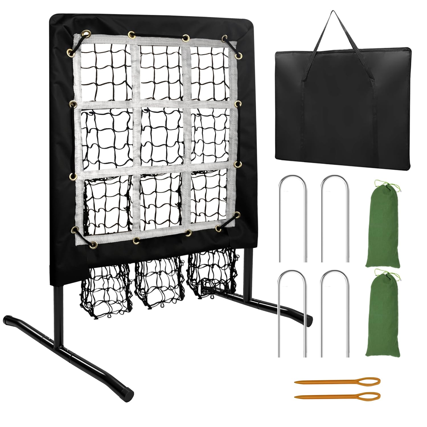 Cricosner pitching net front view showing nine target holes and strike zone for focused practice