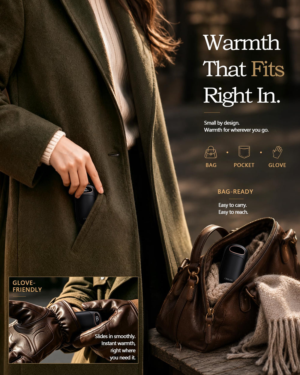 CRISLEX in jacket pocket illustrating pocket-friendly size and warmth