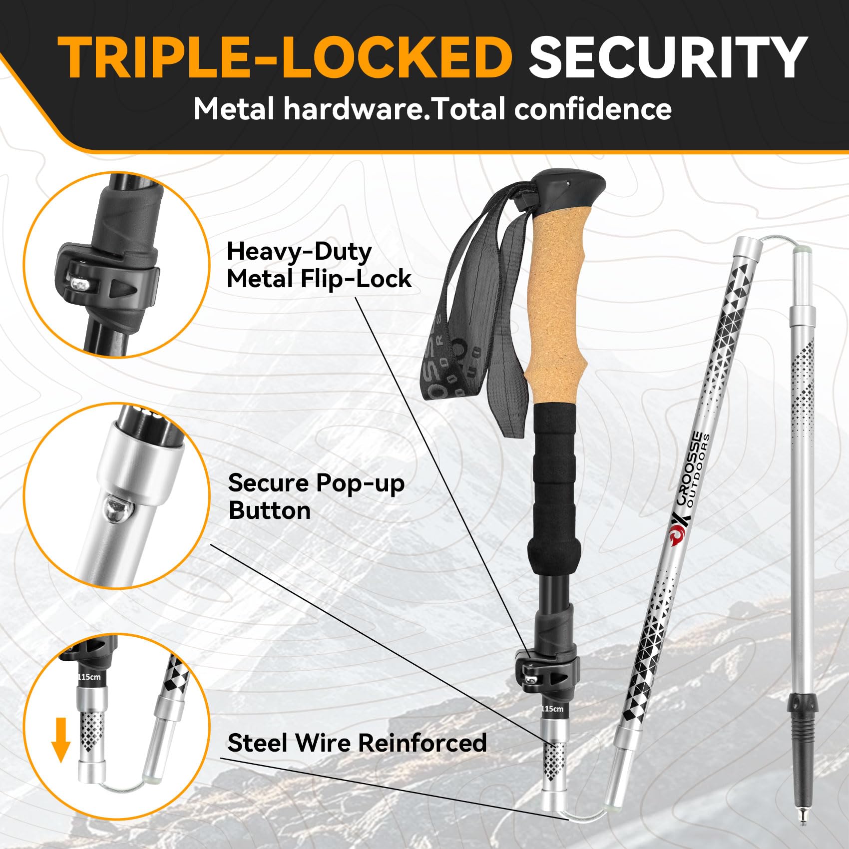 Croosseoutdoors metal flip-lock detail secures pole sections reliably