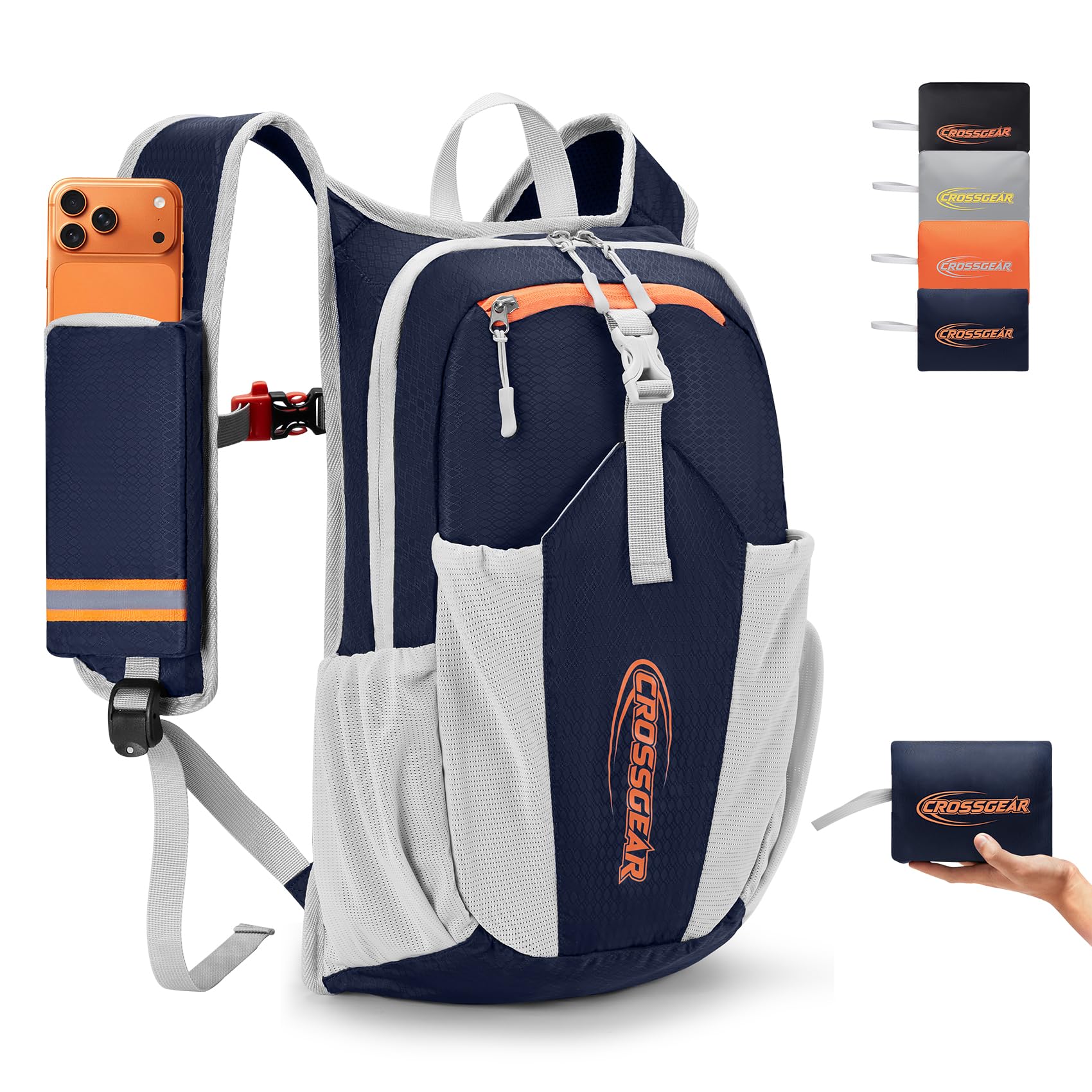 CROSSGEAR front view of navy blue pack showing organized compartments and easy access