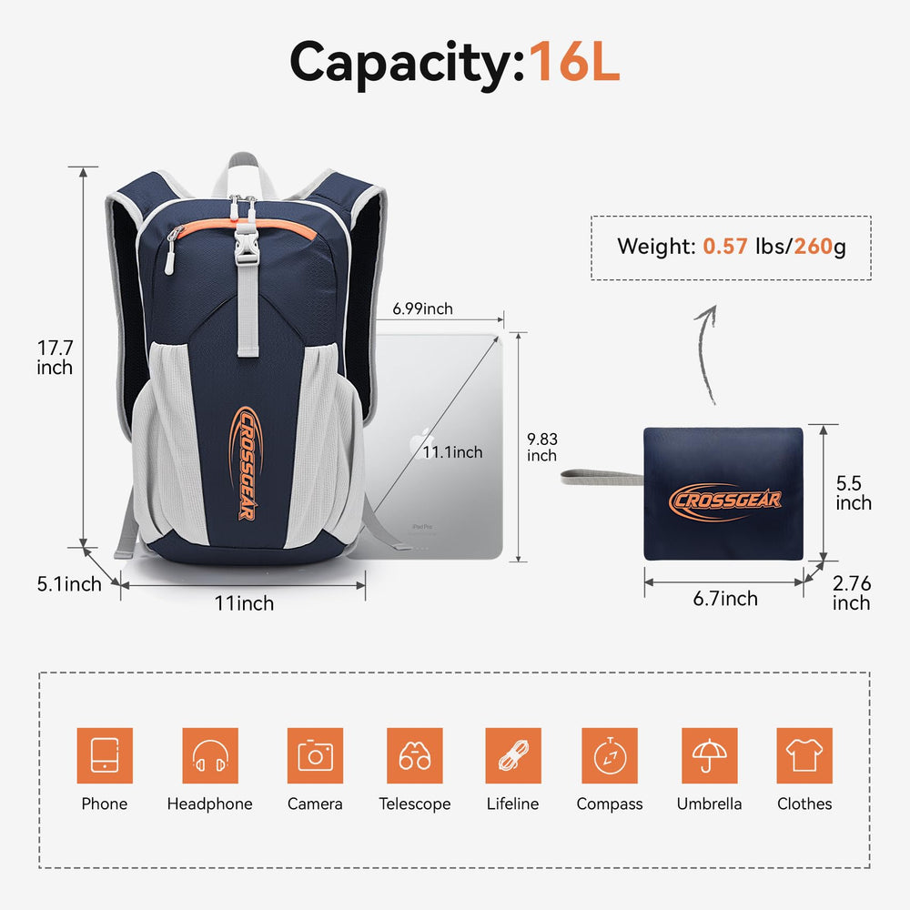 CROSSGEAR next to water bottle showing true scale and 16L capacity