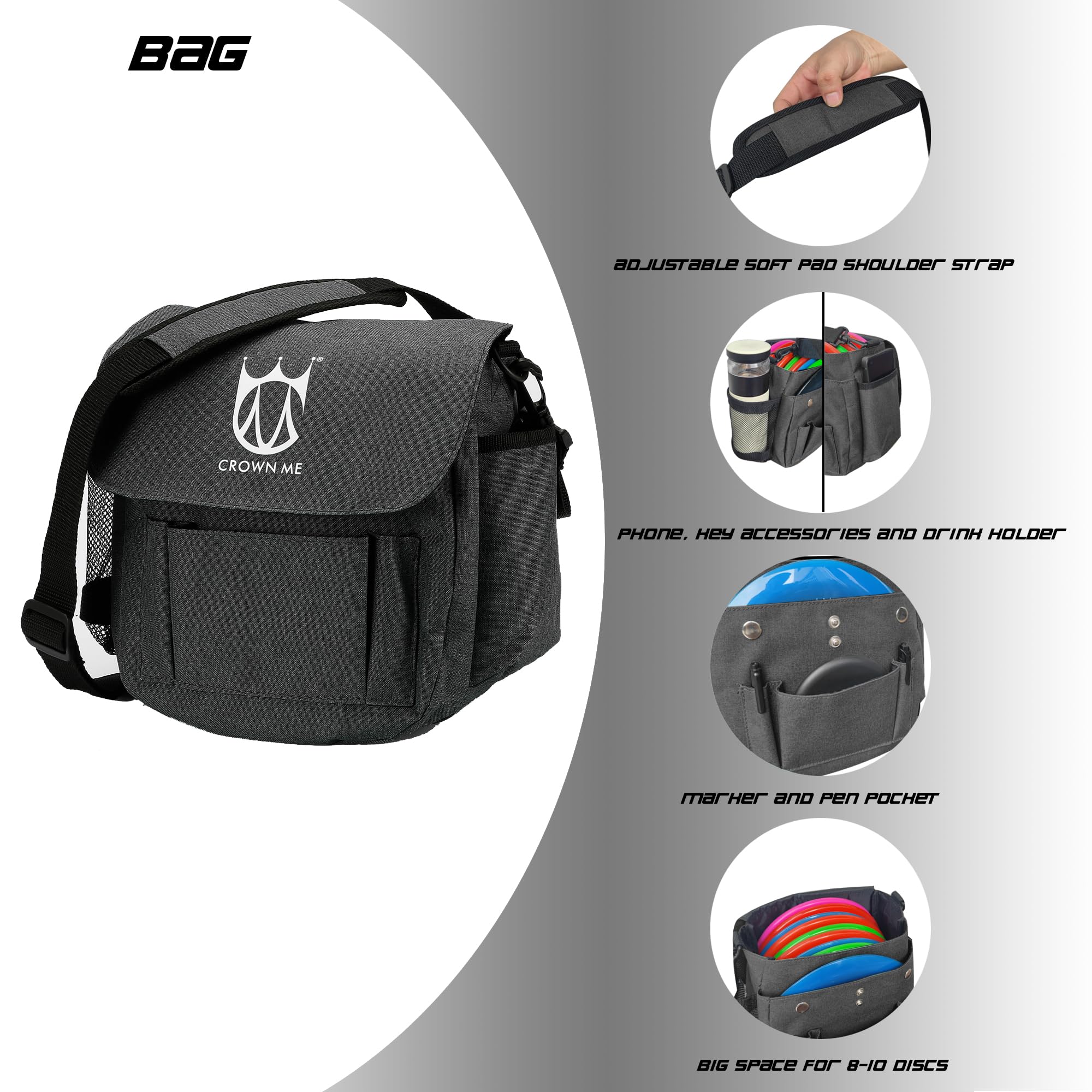 CROWN ME bag side pocket detail showing mesh bottle holder and secure accessory pocket