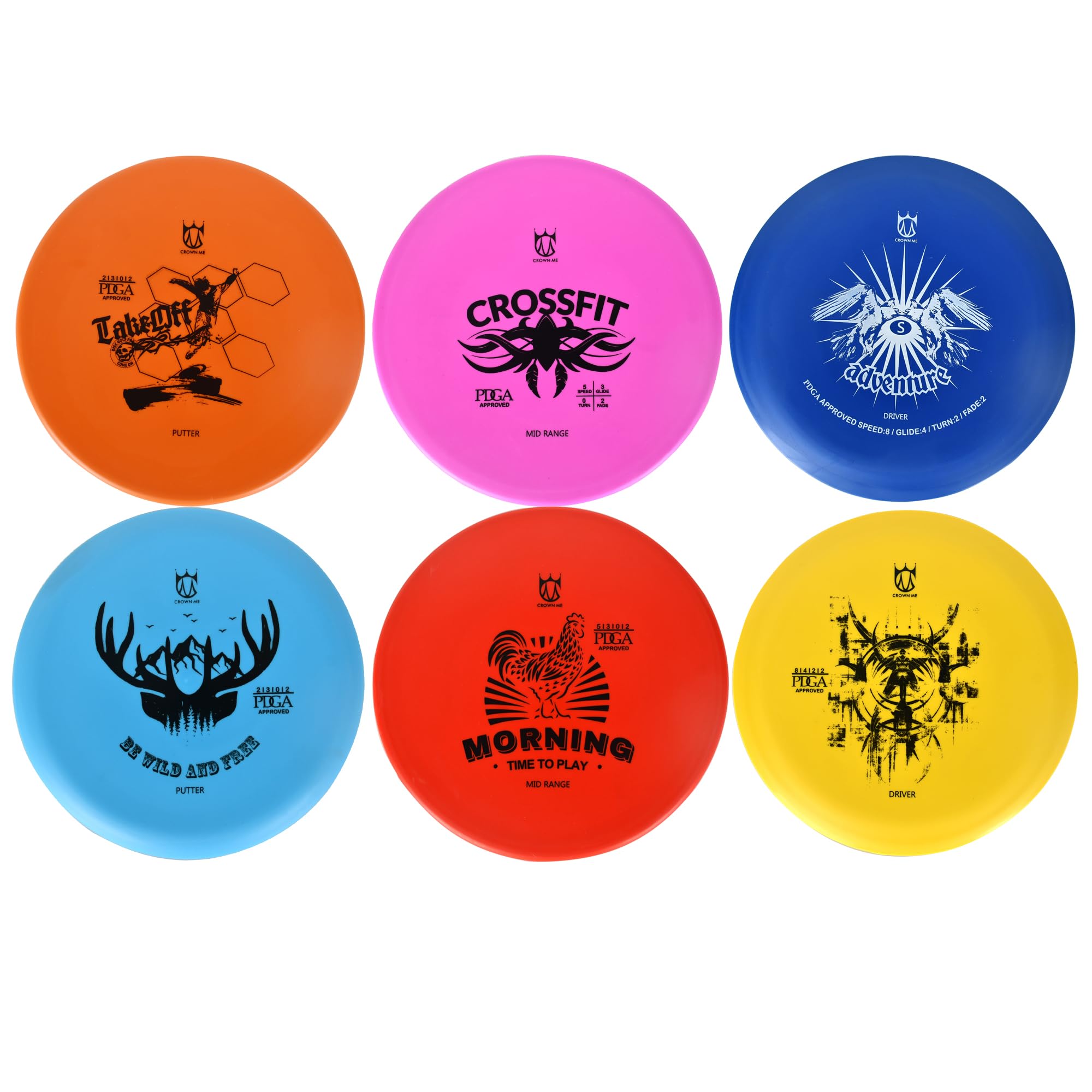 CROWN ME top view of seven discs displaying variety and easy selection benefit