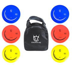 CROWN ME disc lineup displaying two drivers, two mid-range discs and two putters for practice