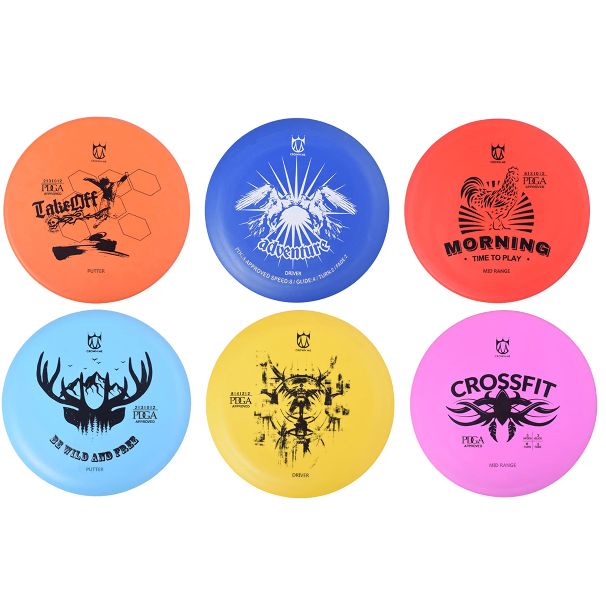 CROWN ME fanned discs display colors and flight variety for learning shots