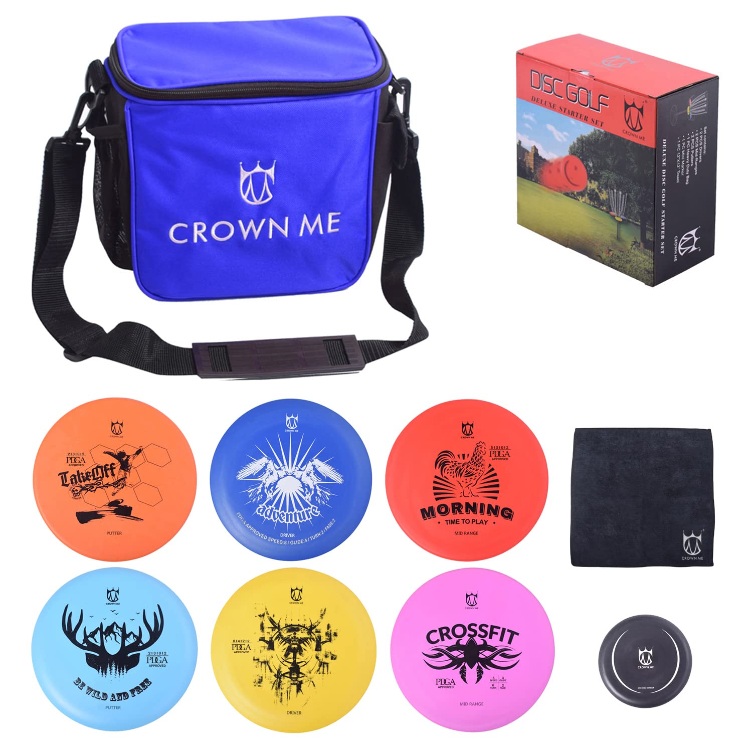 CROWN ME front view of full 6-disc set and bag, shows complete starter kit benefit