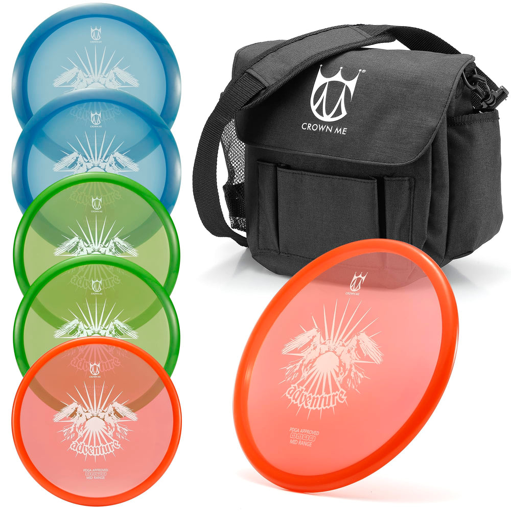 CROWN ME front pack shot showing bag with six clear discs and pockets for easy transport