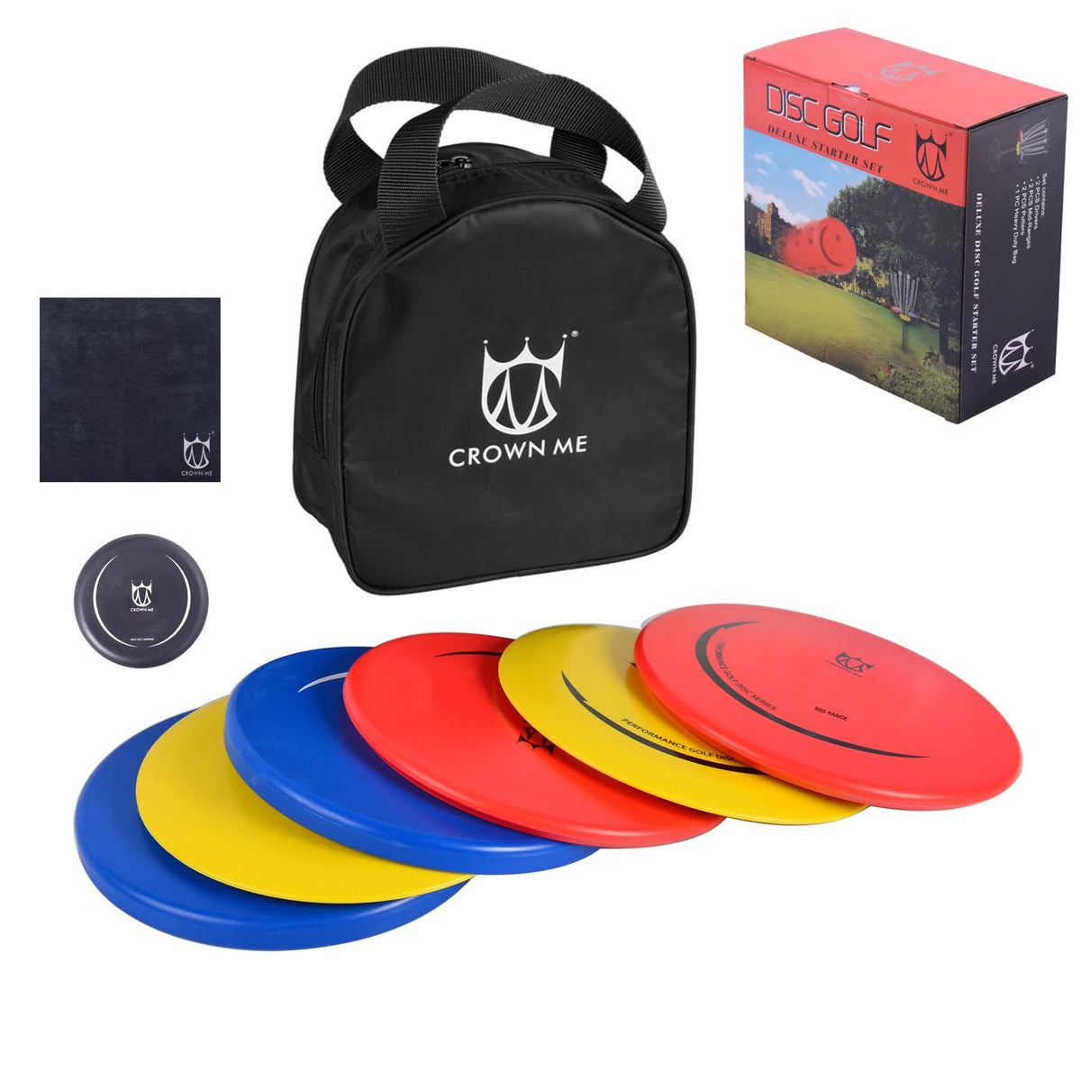 CROWN ME front packaging showing six-disc set and starter bag for convenient transport