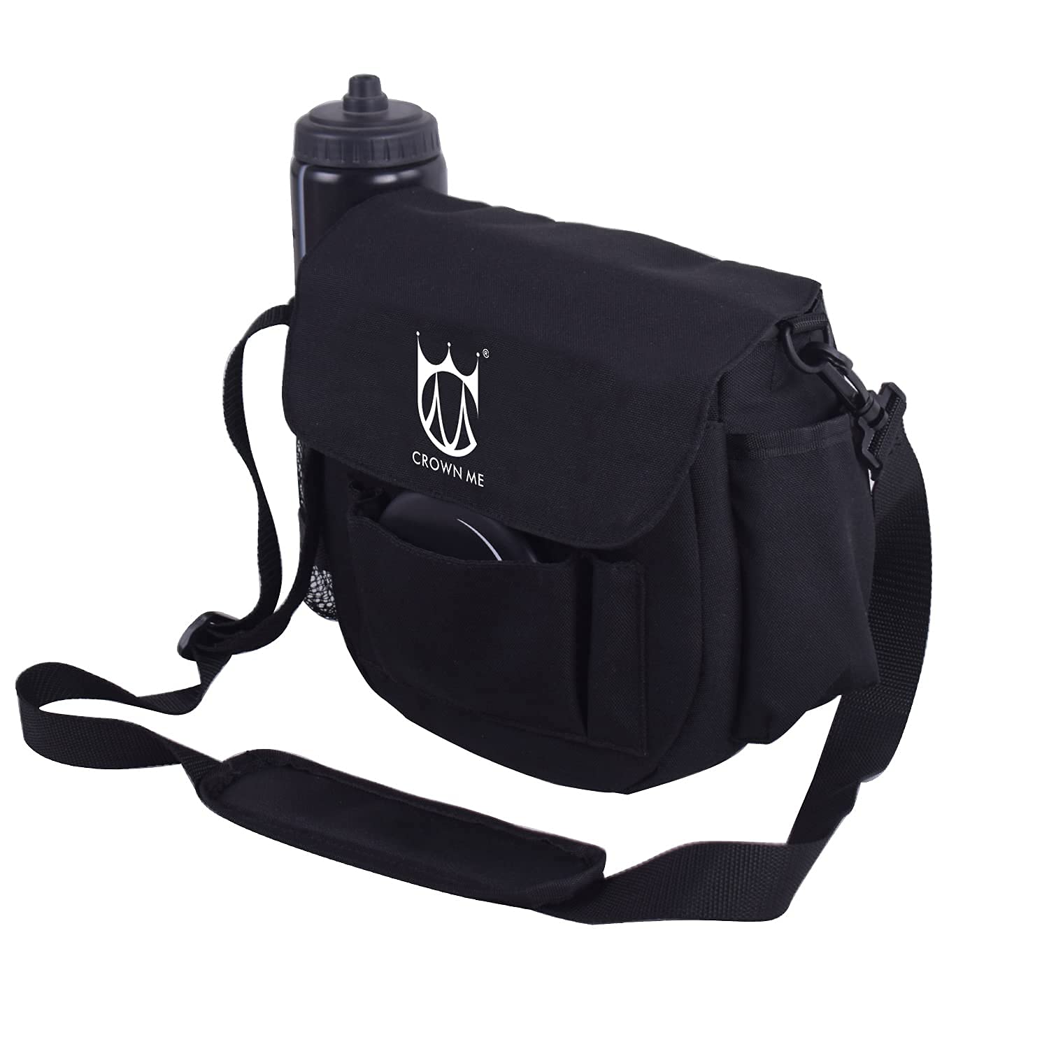 CROWN ME bag beside water bottle demonstrating portable size and storage