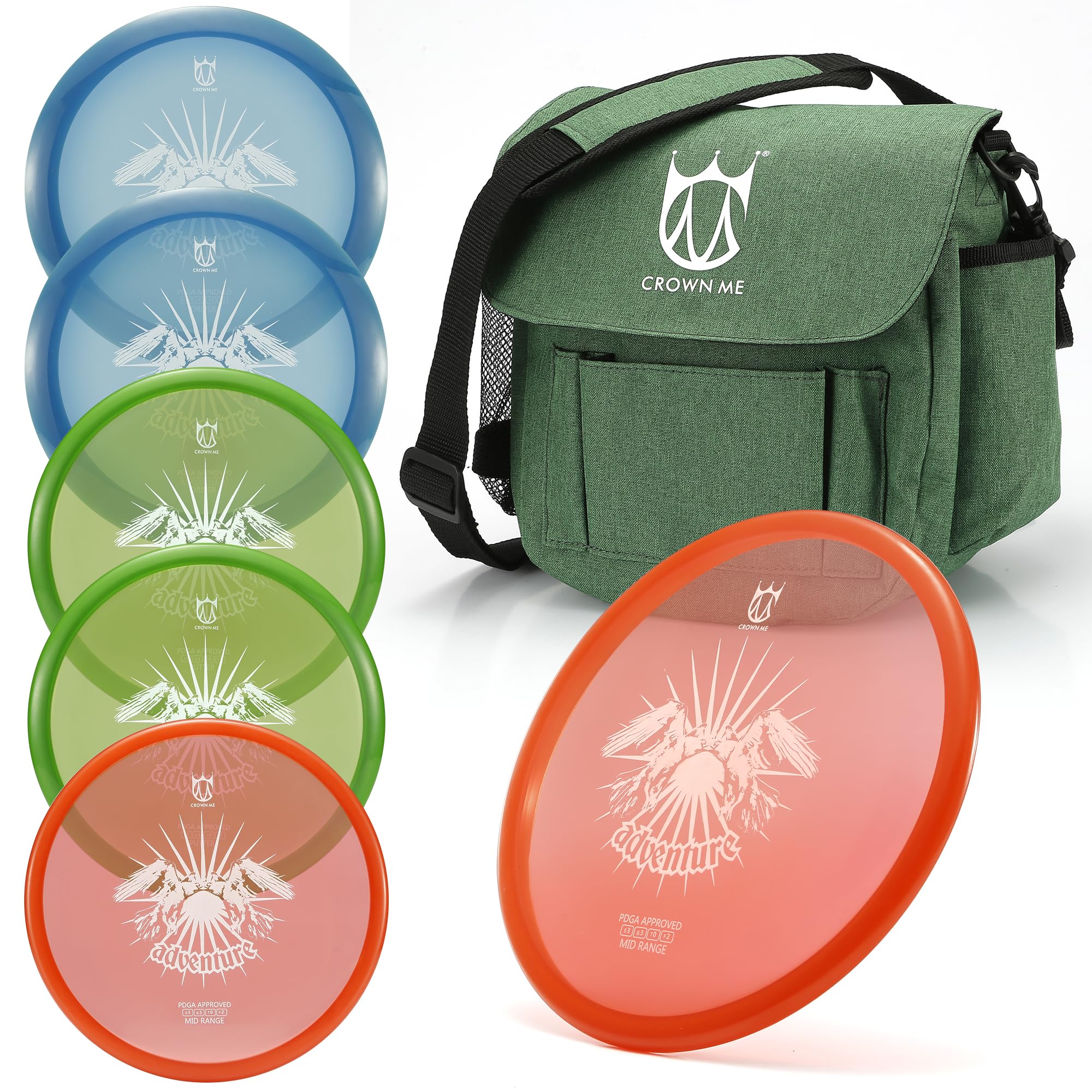 CROWN ME front view of full pro set showing bag and six discs, ready to play