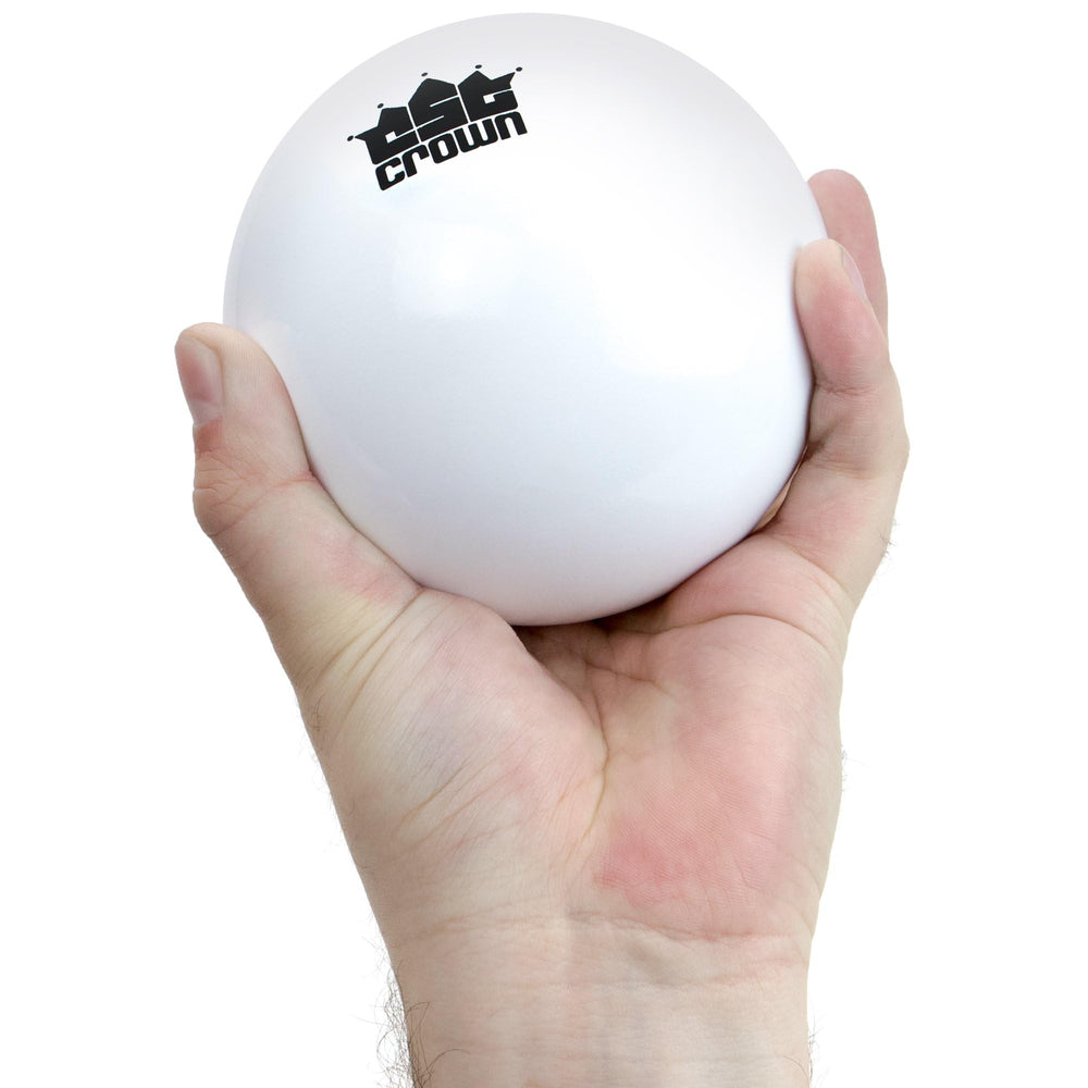 Crown Sporting Goods shot put held in hand to show scale and correct grip for training