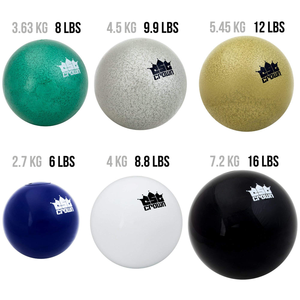 Crown Sporting Goods shot put placed on field illustrating outdoor use and visibility benefit