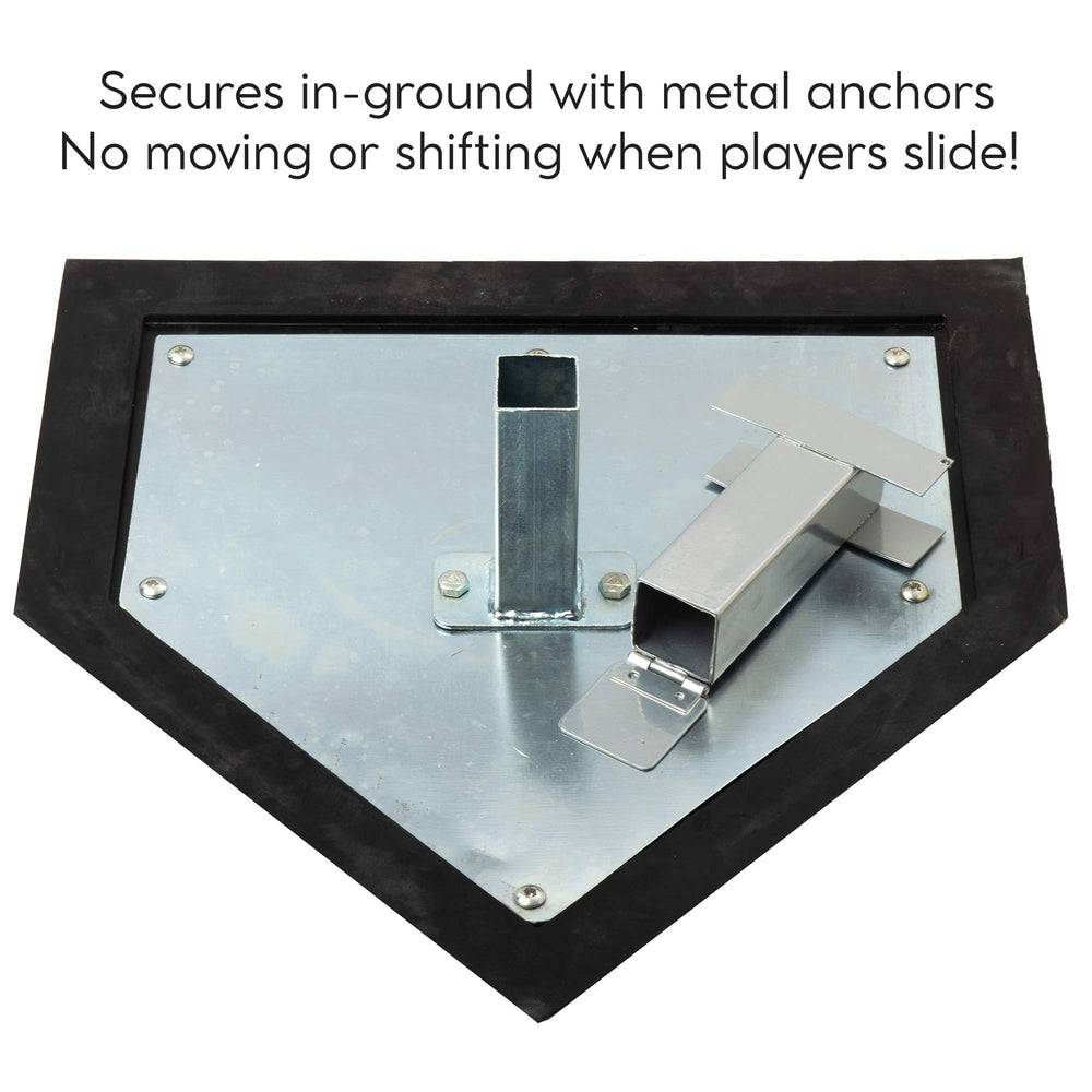 Crown Sporting Goods home plate beside ruler for scale showing regulation-size accuracy