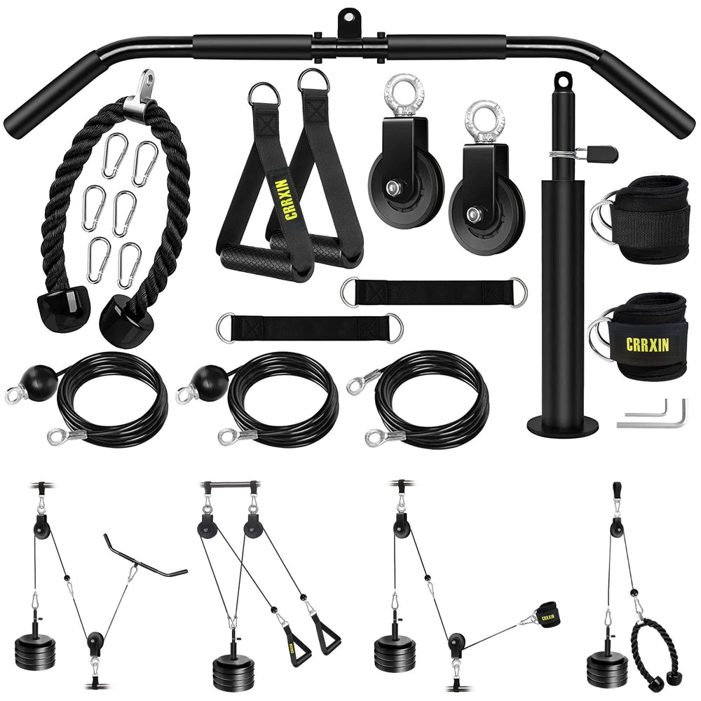 CRRXIN pulley system front view showing kit and benefits for versatile workouts