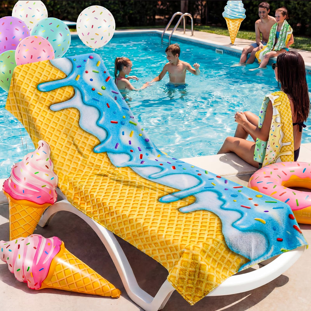 CrystalSylara full towel laid flat displaying ice cream drip and baseball print for coverage