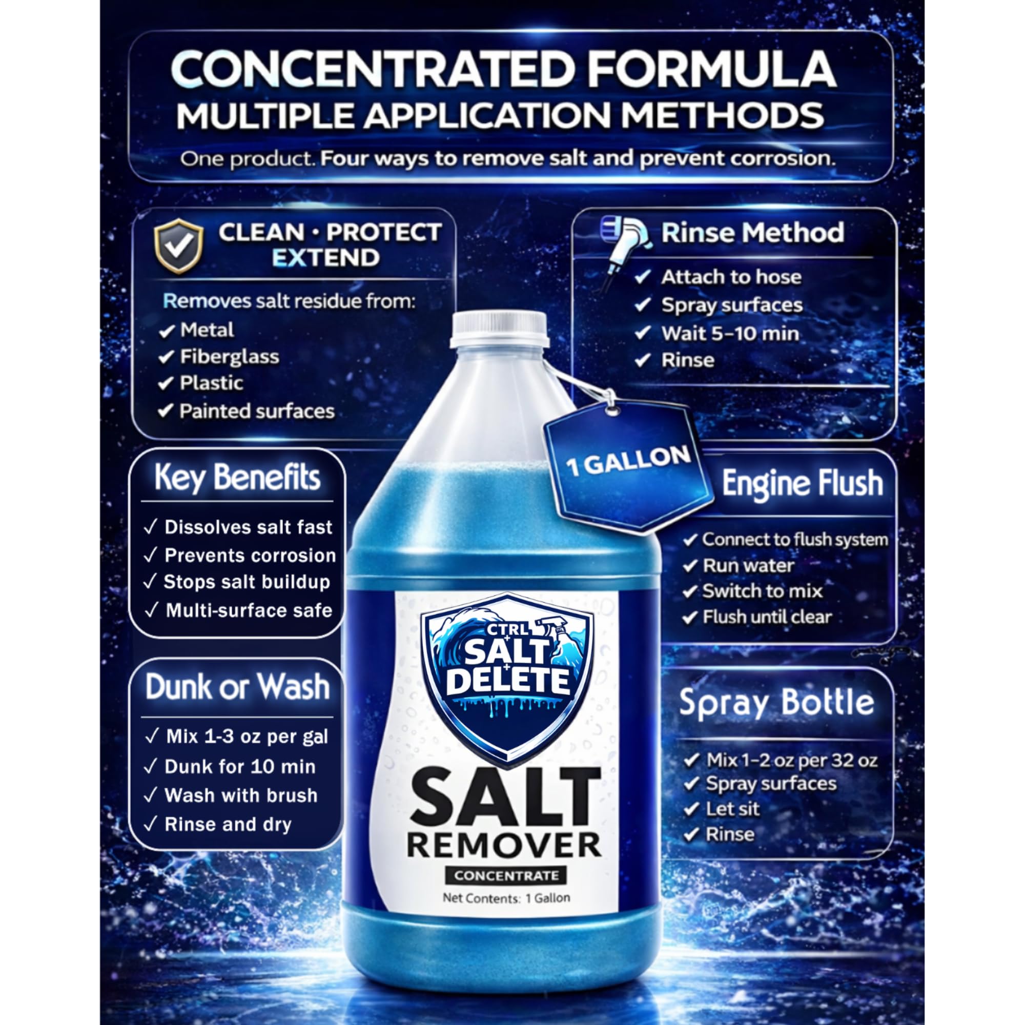 CTRL+SALT+DELETE before and after hull cleaning showing restored finish and reduced salt staining