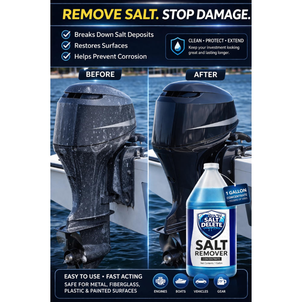 CTRL+SALT+DELETE close-up on gelcoat texture demonstrating gentle salt removal and surface restoration