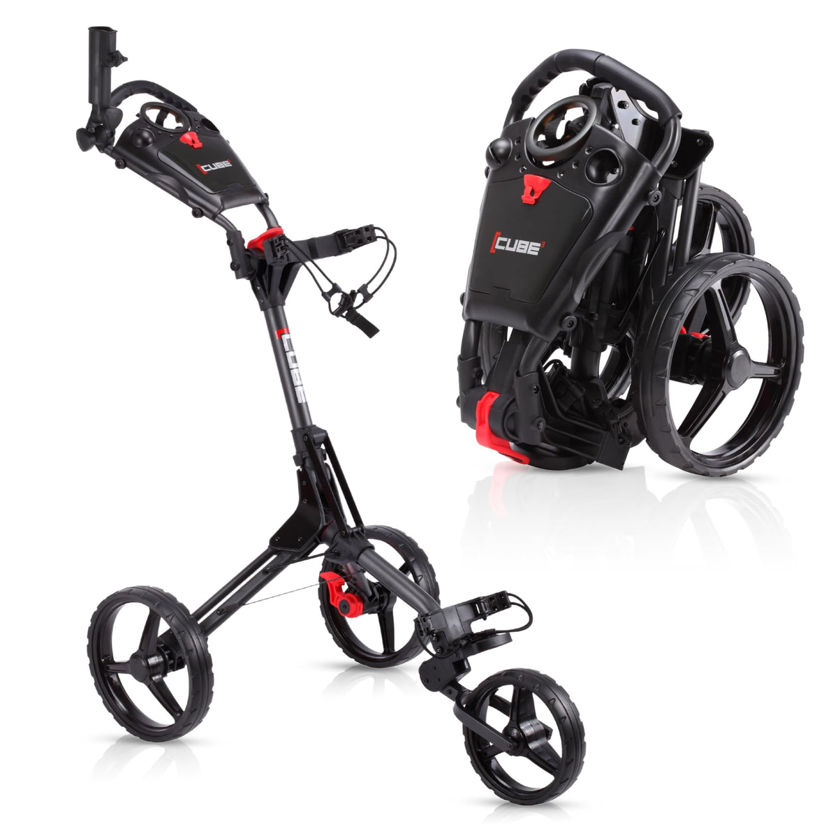 CUBE cart front view showing frame and bag mount for easy course setup