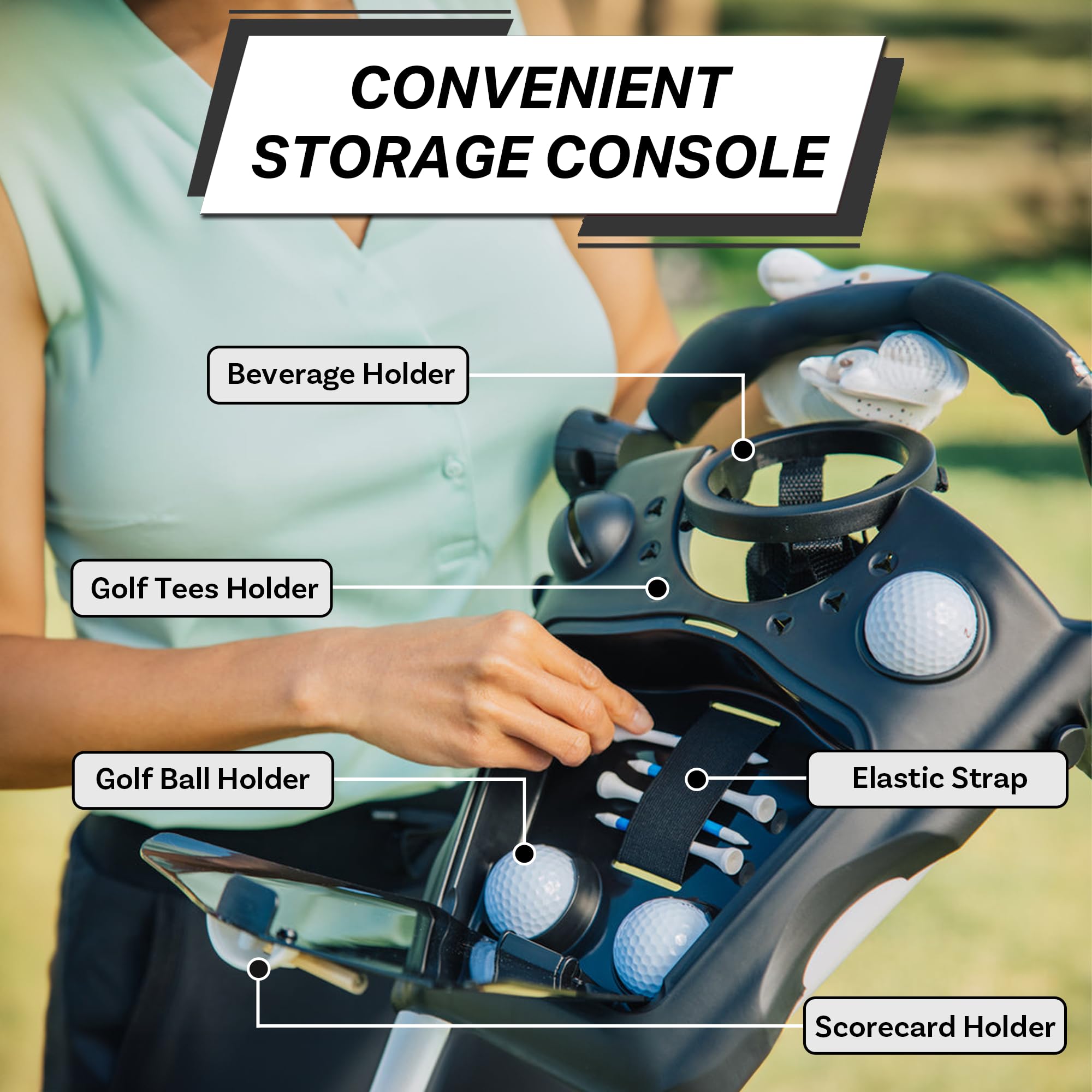 CUBE cart adjustable handle demonstrating three height options for comfort