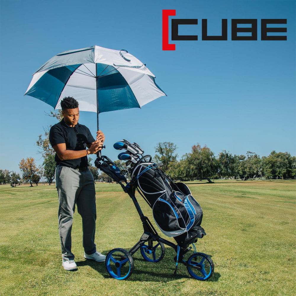 CUBE cart on course with bag illustrating lightweight transport convenience
