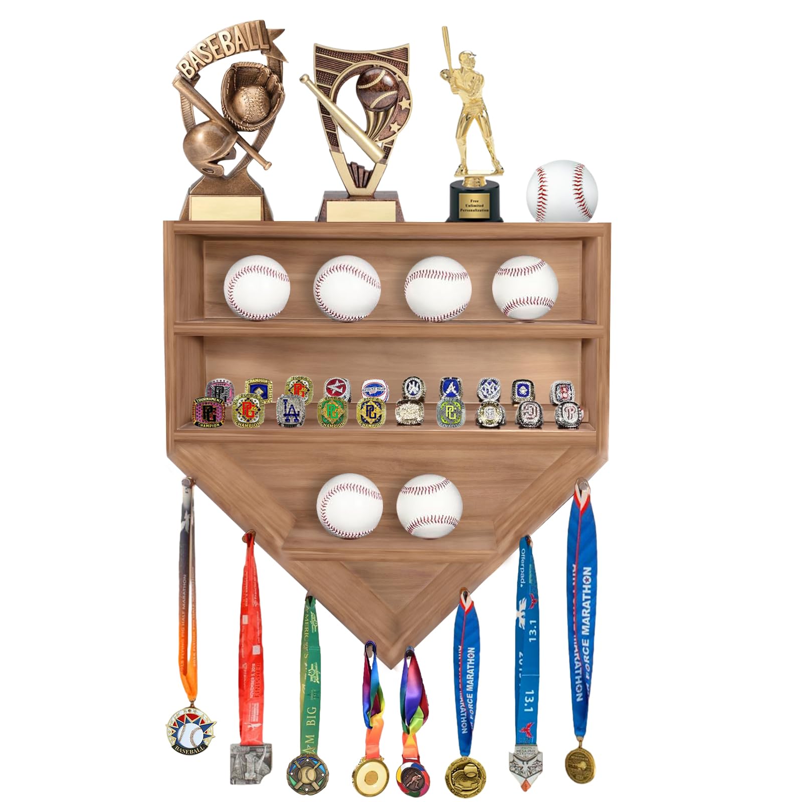 Cuesonmy front view of home-plate display showing organized balls and rings