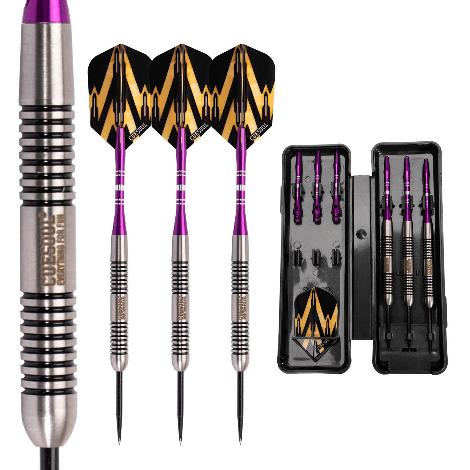 CUESOUL front view of full dart set and case showing organized storage benefit