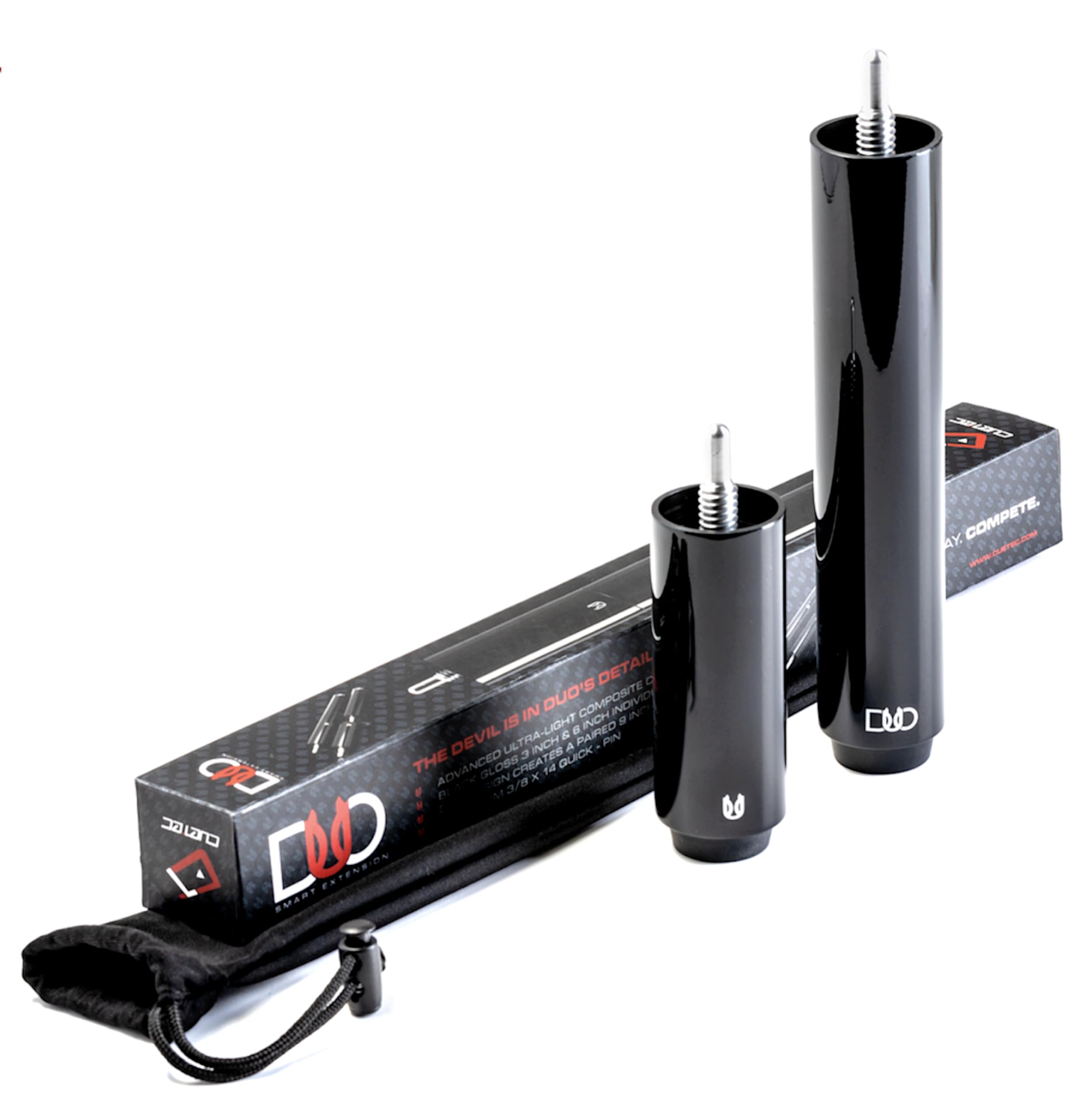 Cuetec DUO front profile attached to cue showing extended reach and improved positioning