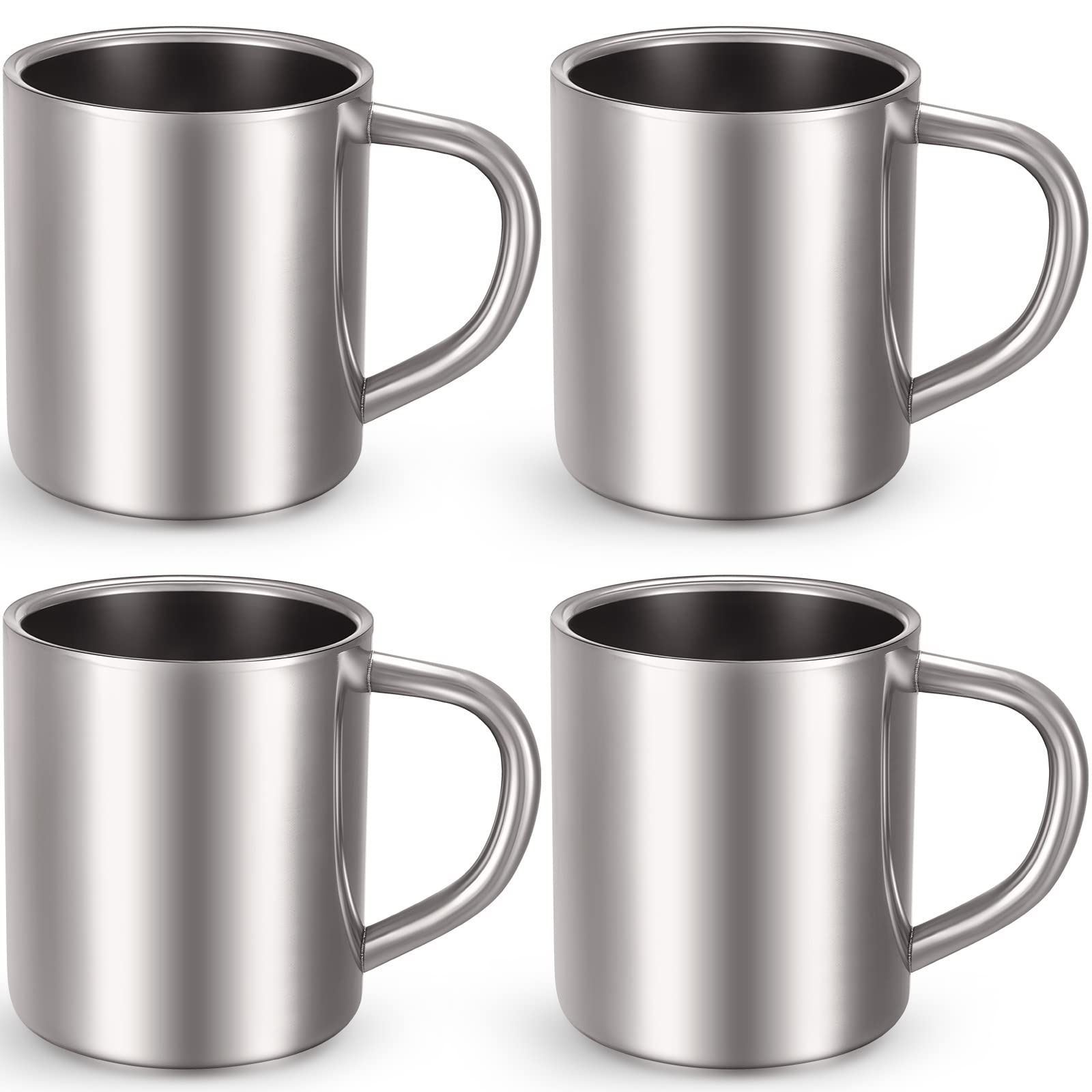 Cunhill front view showing four polished stainless steel mugs and handles for versatile use