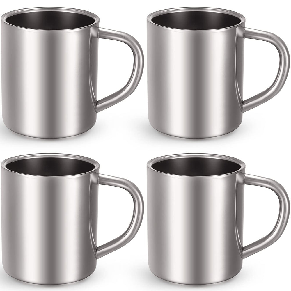 Cunhill front view showing four polished stainless steel mugs and handles for versatile use