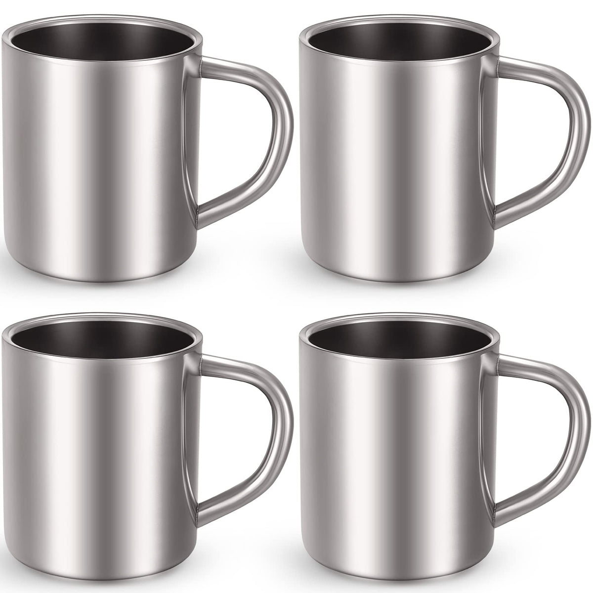 Cunhill front view showing four polished stainless steel mugs and handles for versatile use