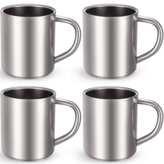 Cunhill front view showing four polished stainless steel mugs and handles for versatile use