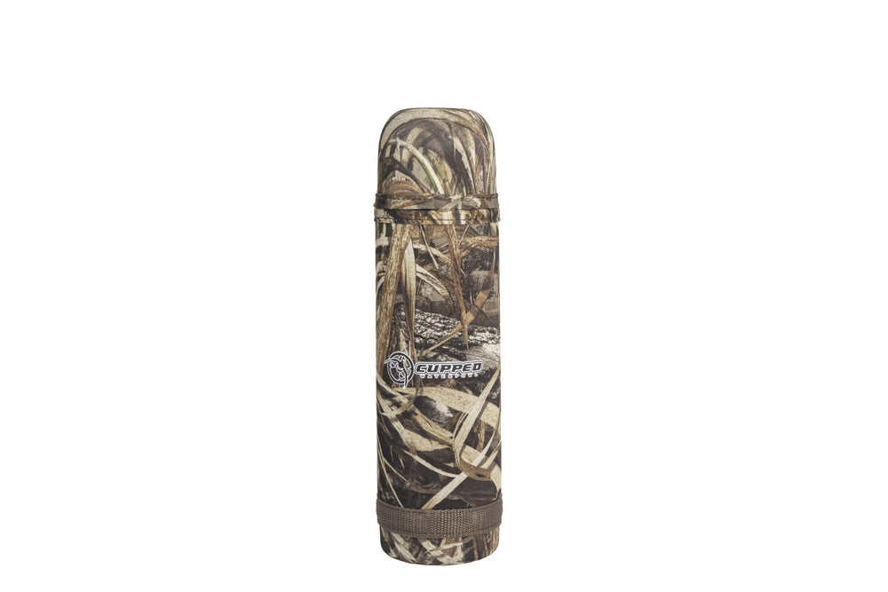Cupped Waterfowl thermos front view showing Realtree MAX-7 camo and durable body benefit: concealment