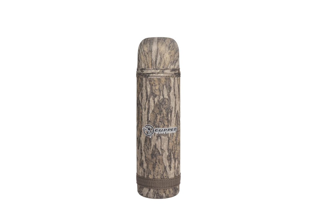 Cupped Waterfowl thermos front view showing camo concealment and long-lasting temperature retention
