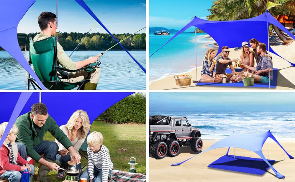 CUUPO lifestyle beach picnic setup showing shade, blanket, and relaxation