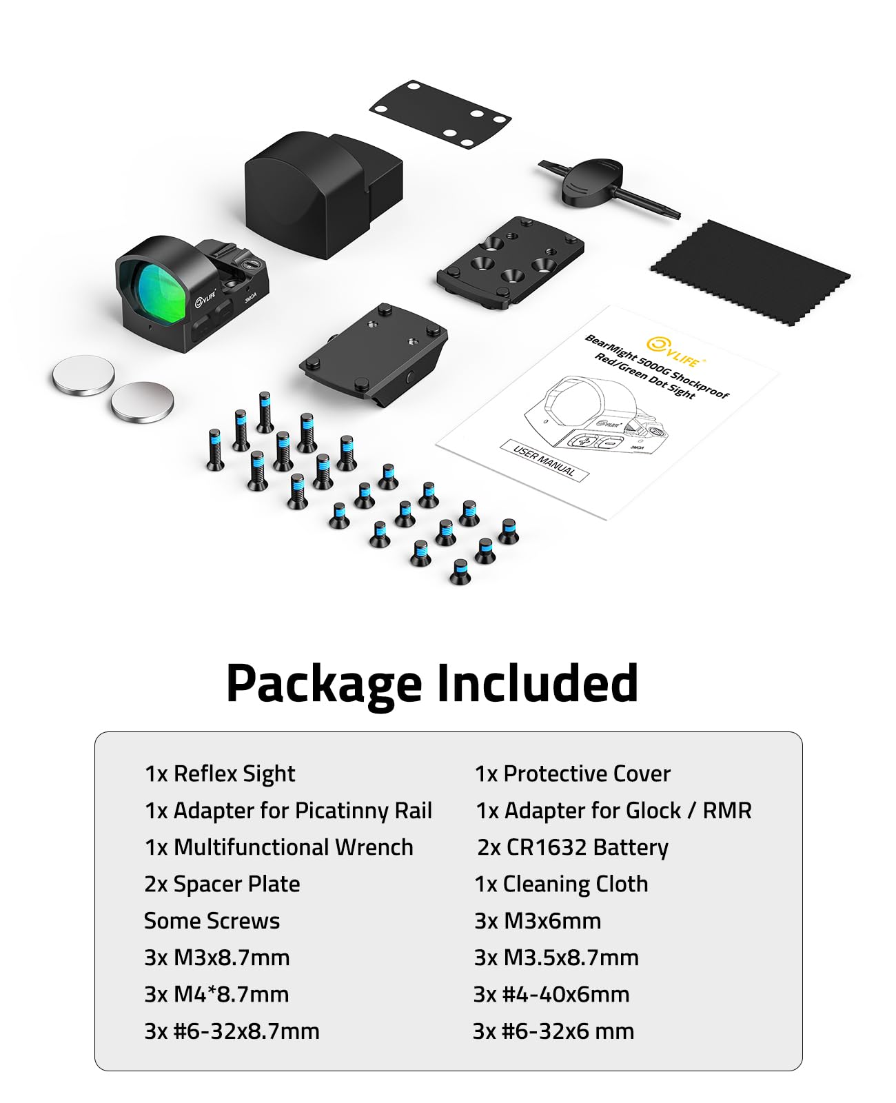 CVLIFE packaged kit with adapters and batteries for RMSc RMR and Picatinny benefit