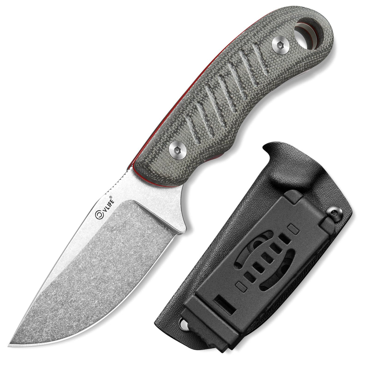 CVLIFE front view showing gray Micarta handle and balanced carry benefit