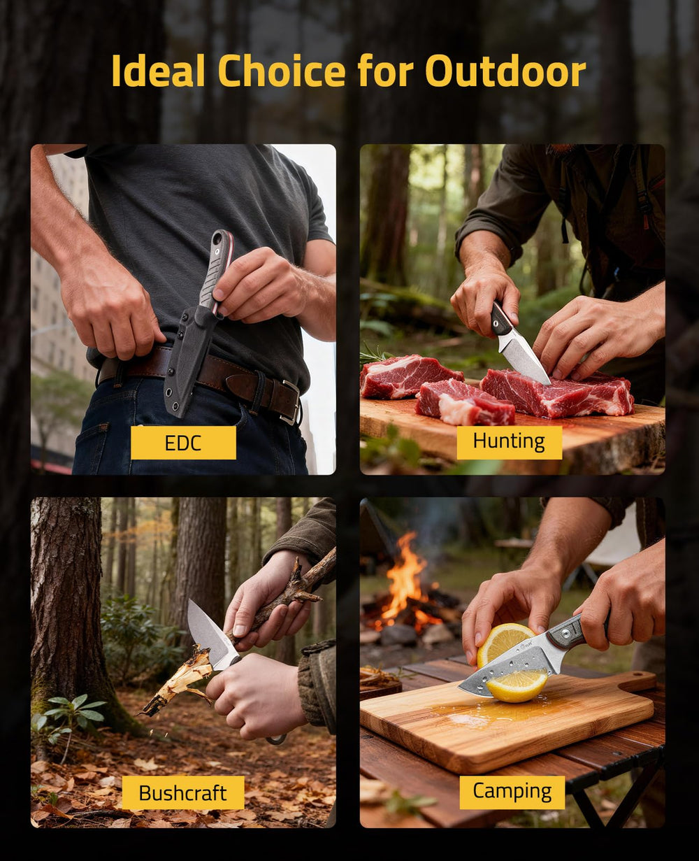 CVLIFE knife beside camping gear demonstrating outdoor-ready reliability benefit