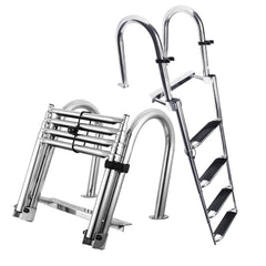 CXRCY front view of ladder mounted on pontoon showing sturdy stainless frame and quick access