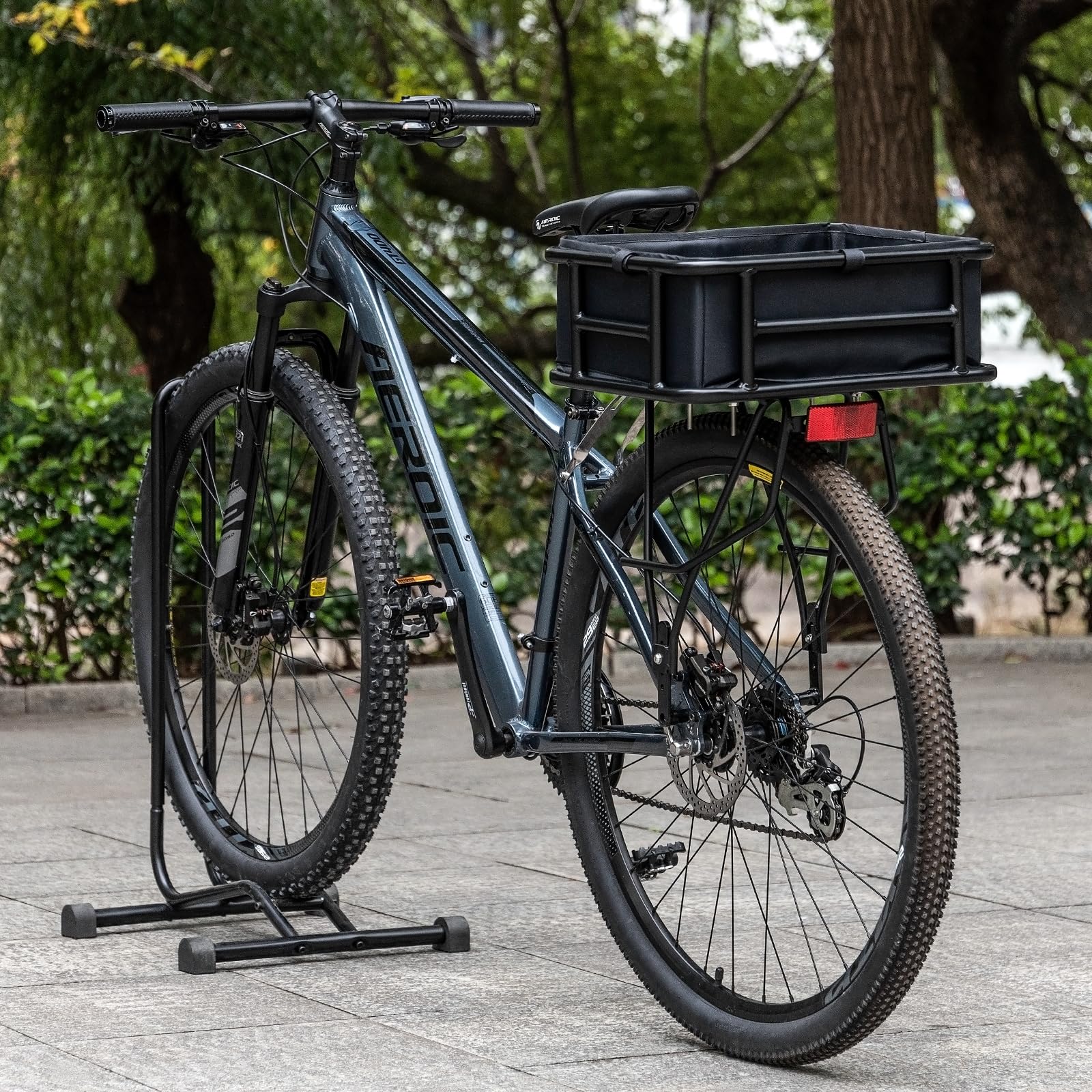 CXWXC basket on a commuter bike in city scene showing practical use