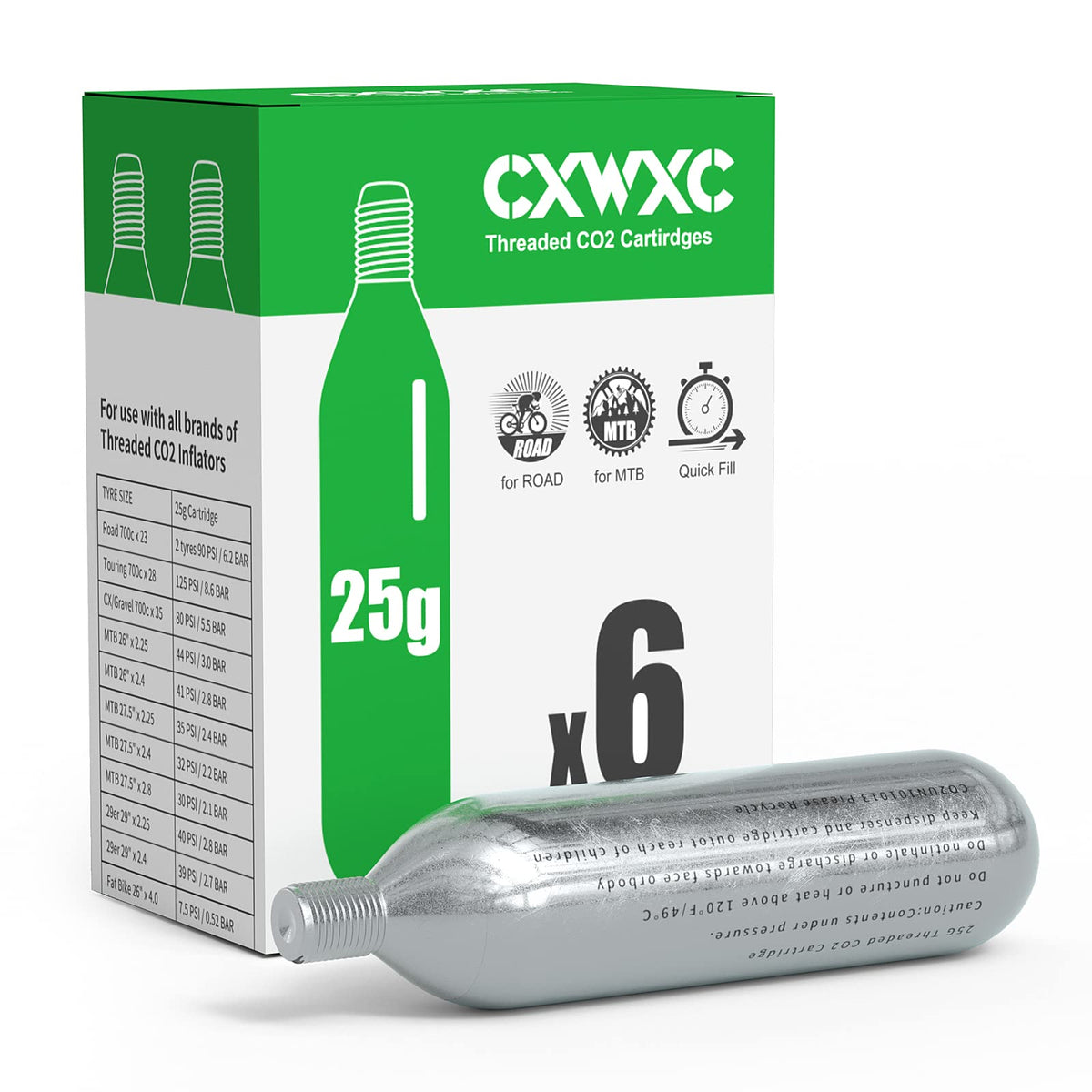 CXWXC front view of cartridge pack showing sizes and quick inflation benefit
