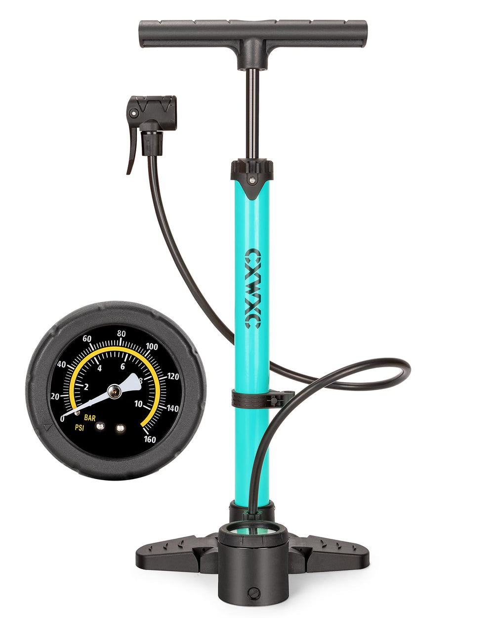 CXWXC pump front view showing gauge and handle for accurate inflation