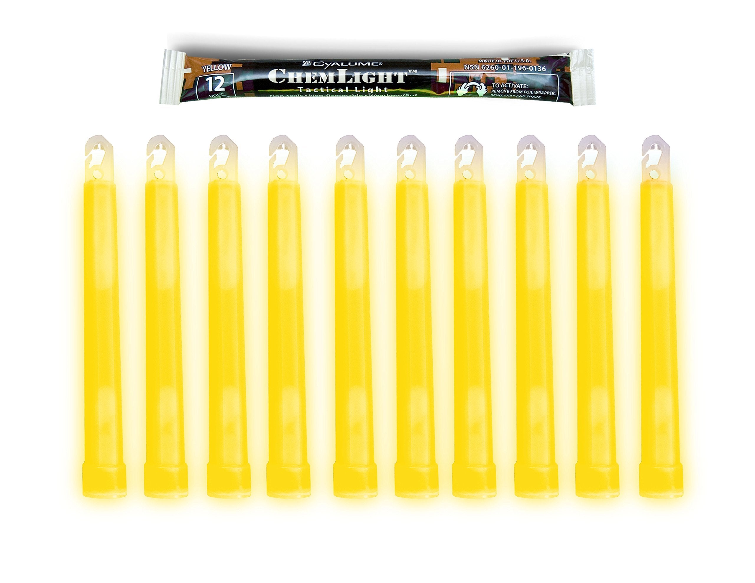 Cyalume front packaging showing ten 6" yellow ChemLights and benefits