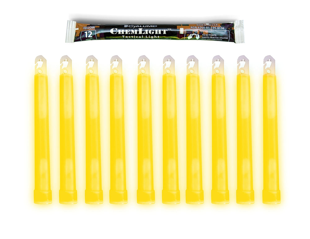 Cyalume front packaging showing ten 6" yellow ChemLights and benefits