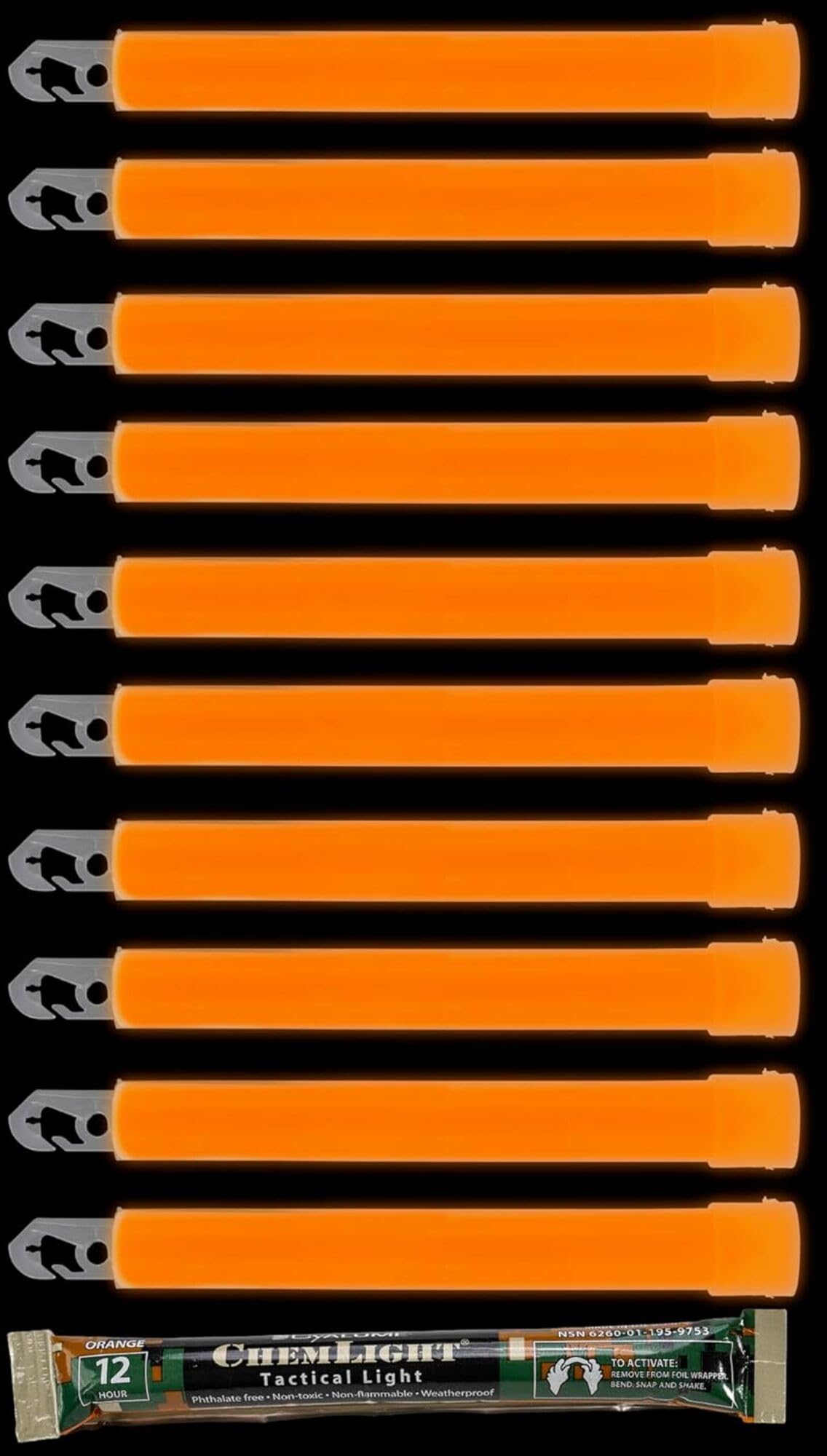 Cyalume front packaging pack of ten orange glow sticks showing durable design and quick use