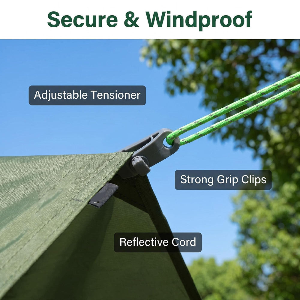 Cyauatt tent clamps arranged to show multipurpose holding points and secure anchoring