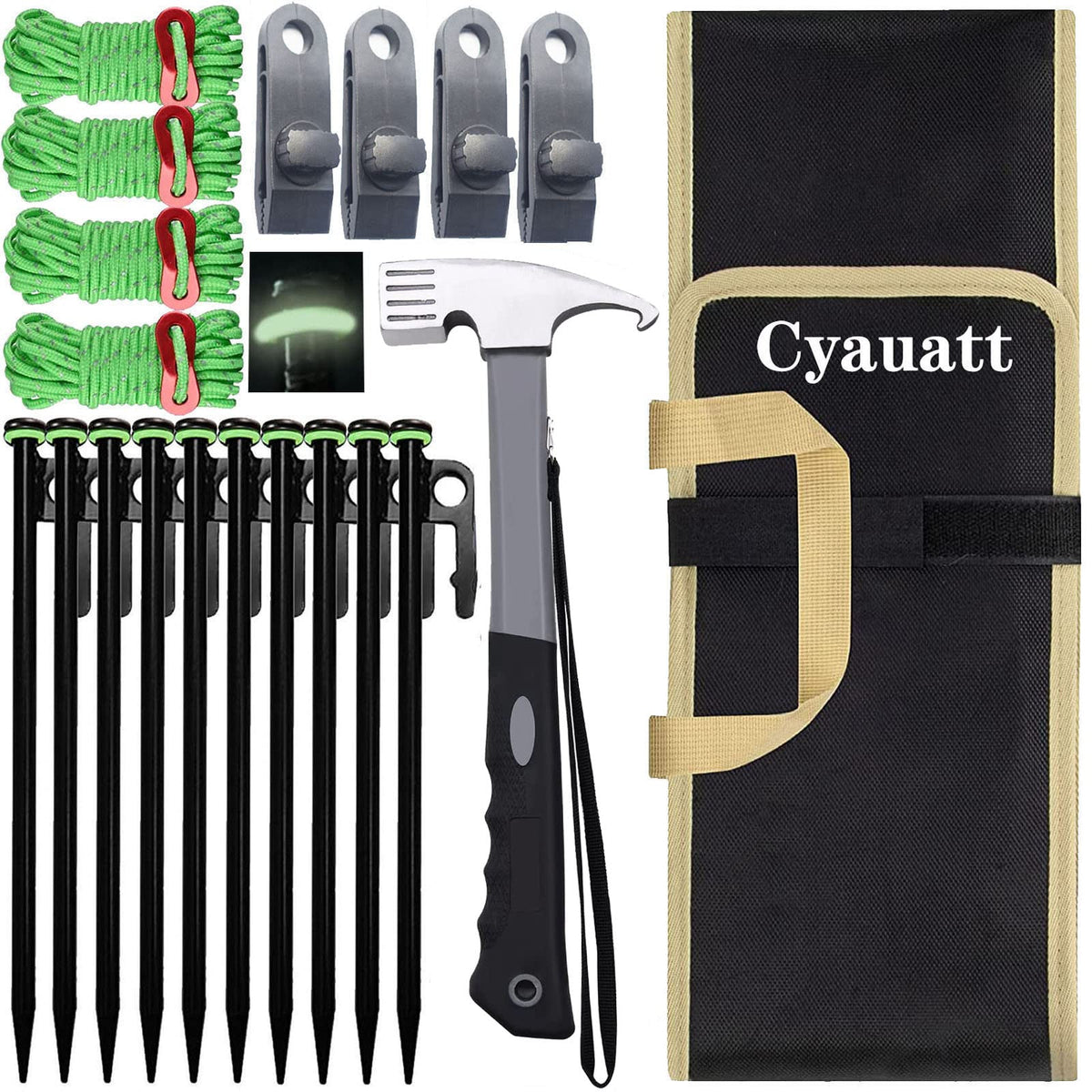 Cyauatt front packaging showing full camping stake and hammer kit for organized storage