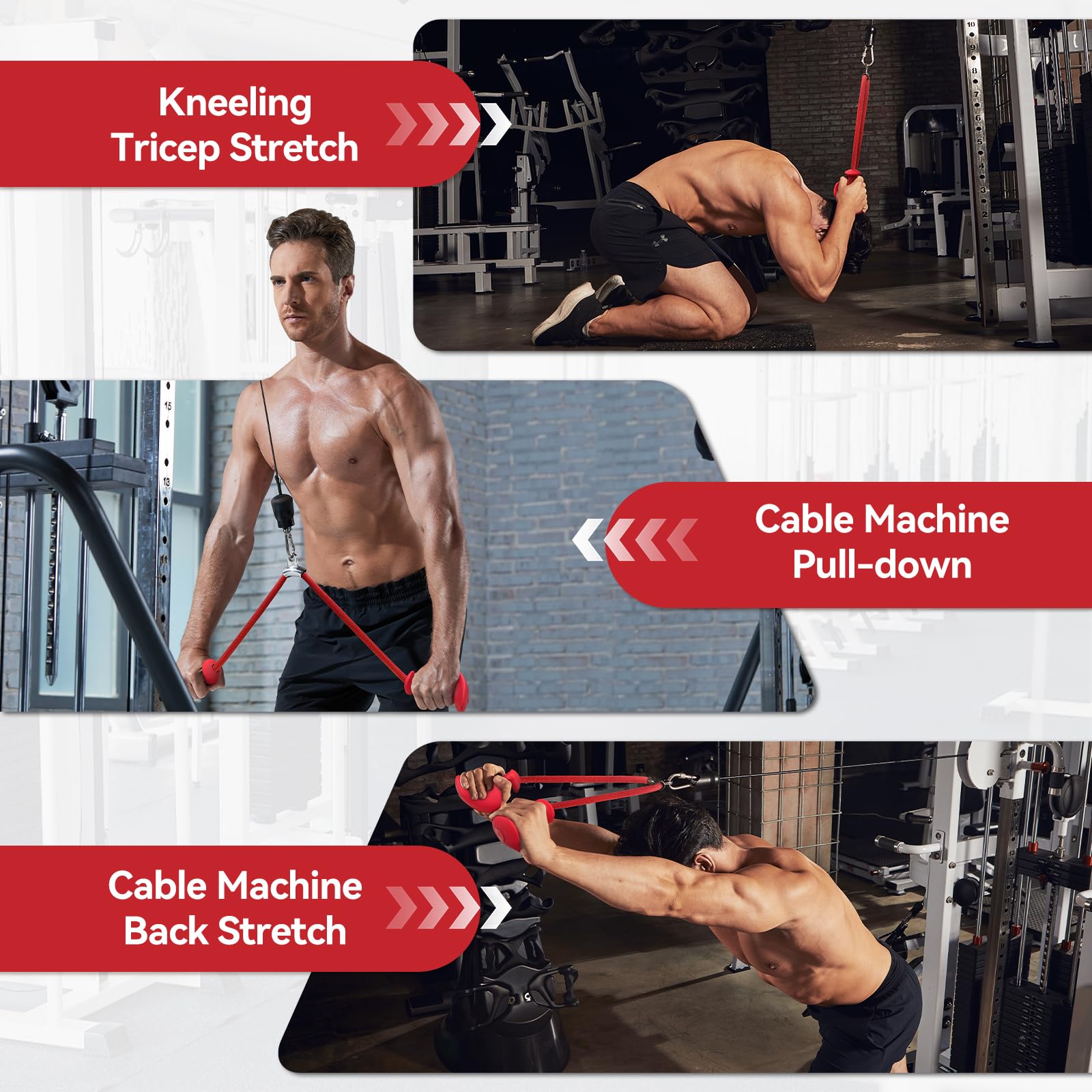 CYBEOE rope attached to cable machine for tricep pushdown showing stable neutral grip