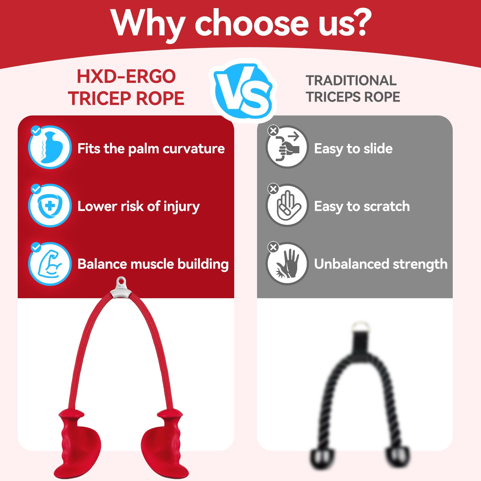 CYBEOE tricep rope next to a hand illustrating 36-inch scale and easy portability