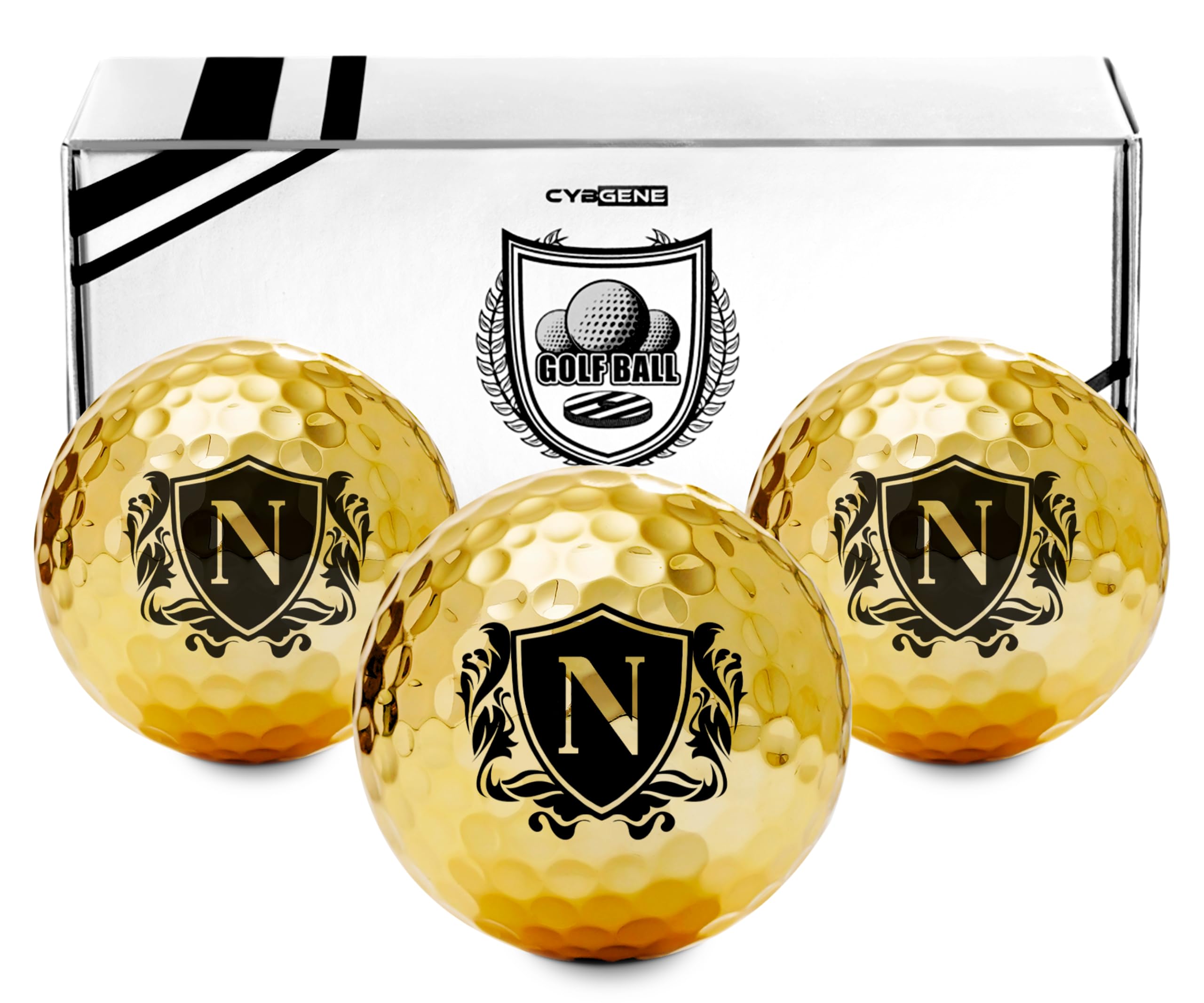CybGene front packaging showing three gold golf balls and premium presentation benefit